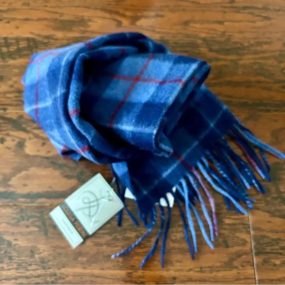 Louisa Perini Men's Fringed 100% Cashmere Scarf in Blue Tartan NWT